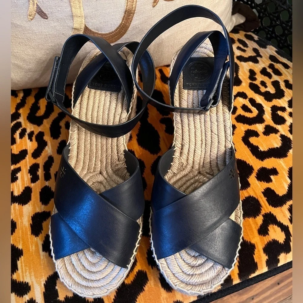 TORY BURCH Navy Cream Frieda Platform Wedge Espadrille Sandals Leather